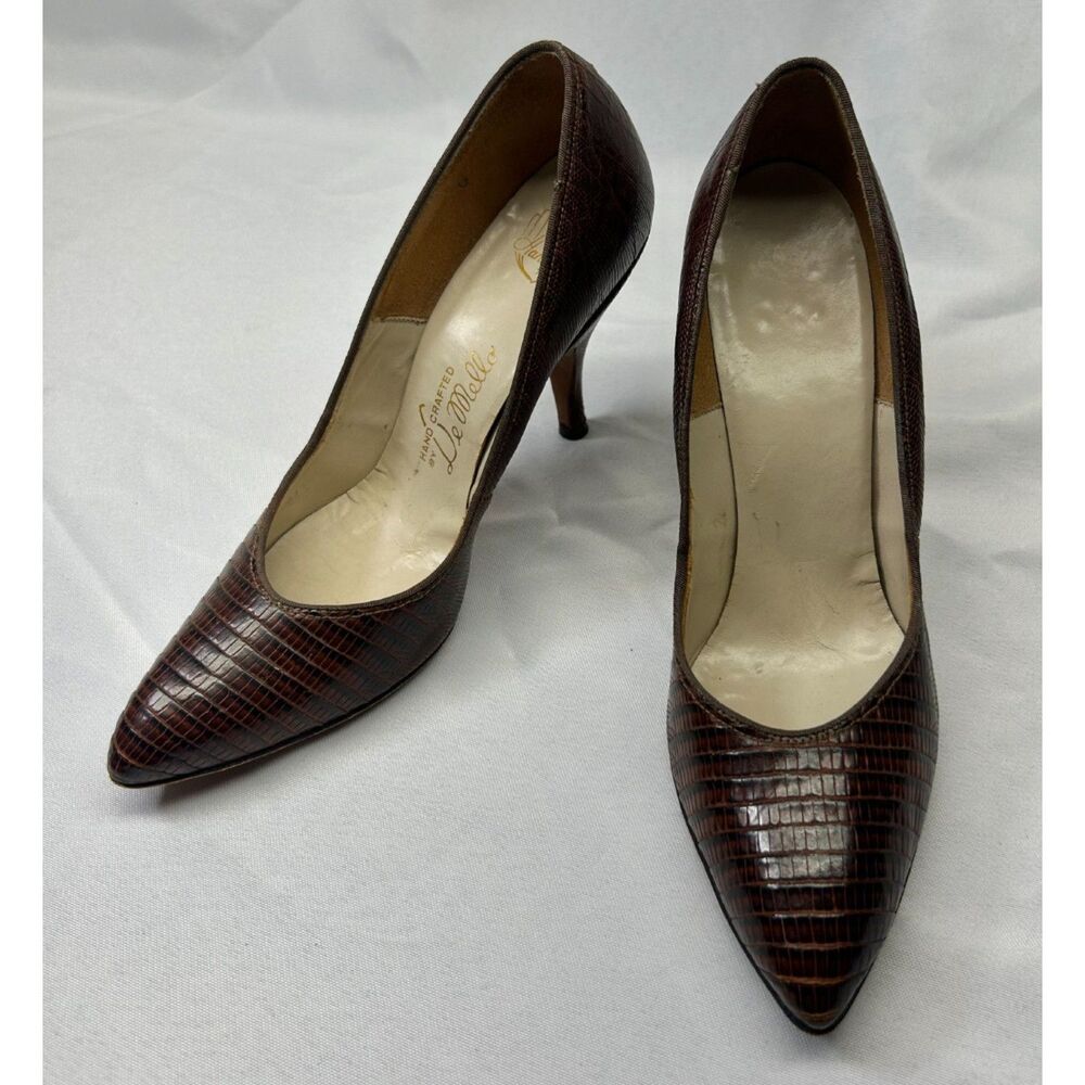 Vintage De Mello Hand Crafted Genuine Lizard Skin Pumps Brown Stiletto Heels